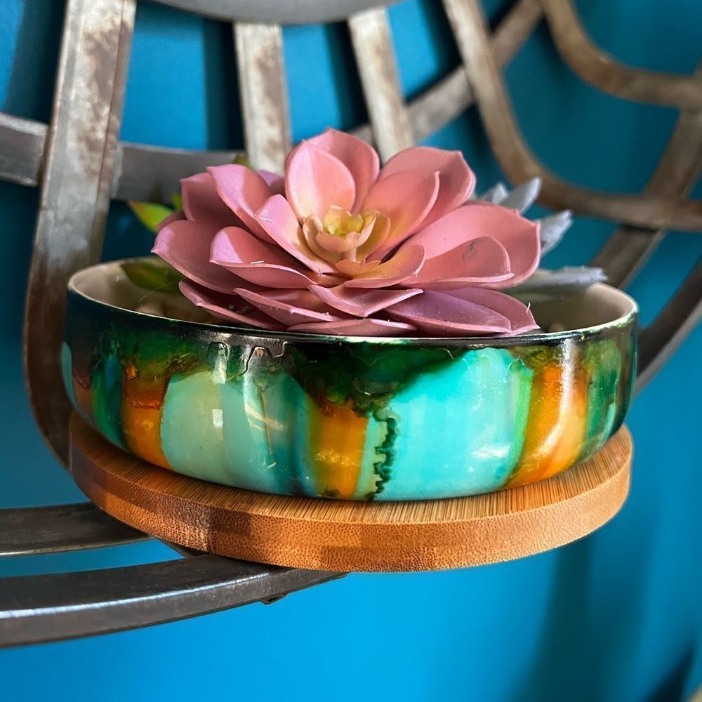 Hand-Painted Ceramic Succulent Planter with Bamboo Tray - Picture 6 of 7